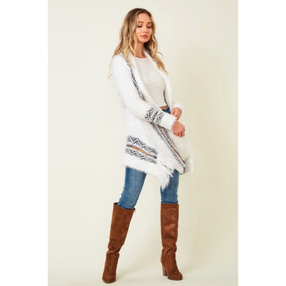 White Fuzzy Eyelash Western Boho Fringe Rainbow Aztec Pattern Open Knit Cardigan - Picture 5 of 5